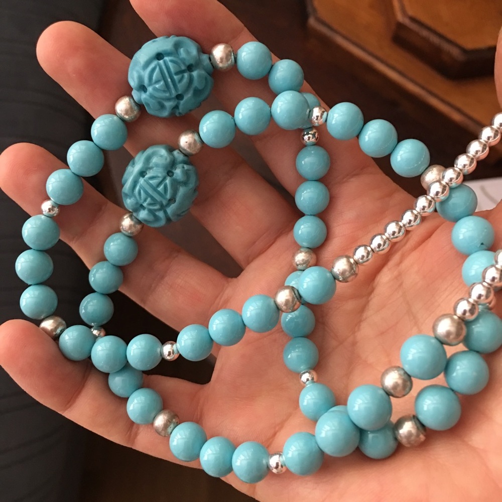 Carved reconstituted turquoise & hematite necklace